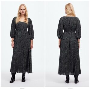 NWT Madewell Balloon Sleeve Ruched Midi Dress in Dot True Black Small